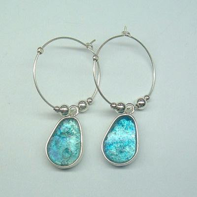 Handmade Roman Glass Earrings - Sterling Silver Roman Glass Hoop Earrings