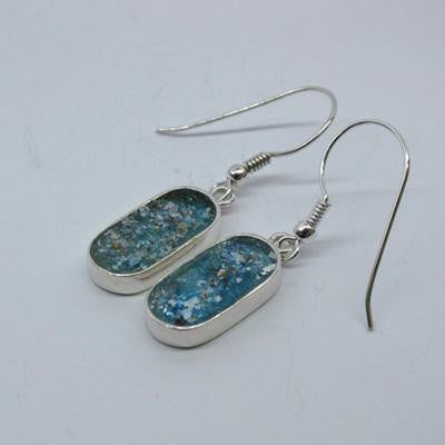 Handmade Roman Glass Earrings - Sterling Silver Long Roman Glass Oval Earrings