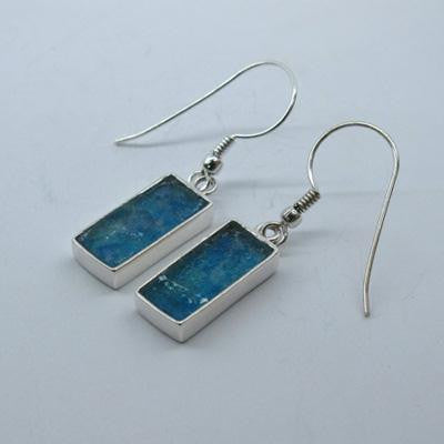 Handmade Roman Glass Earrings - Sterling Silver Long Roman Glass Rectangular Earrings