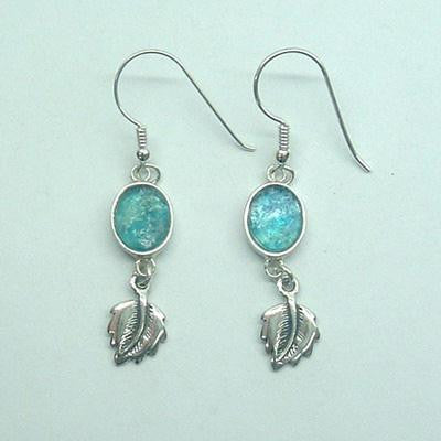 Handmade Roman Glass Earrings - Oval Roman Glass Sterling Silver Earrings with Dangling Leaves