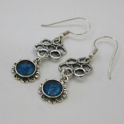 Handmade Roman Glass Earrings - Sterling Silver Round Floral Roman Glass Earrings