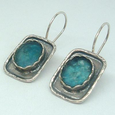 Handmade Roman Glass Earrings - Elevated Center Sterling Silver Rectangle Ancient Roman Glass Earrings