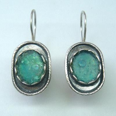 Handmade Roman Glass Earrings - Elevated Center Sterling Silver Oval Ancient Roman Glass Earrings