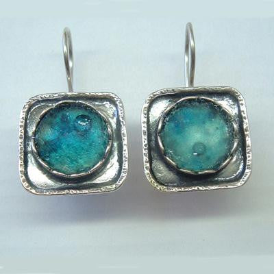 Handmade Roman Glass Earrings - Elevated Center Sterling Silver Square Ancient Roman Glass Earrings