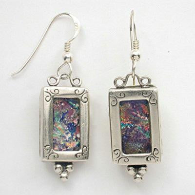 Handmade Roman Glass Earrings - Rectangle Roman Glass Dangling Vintage Style Earrings