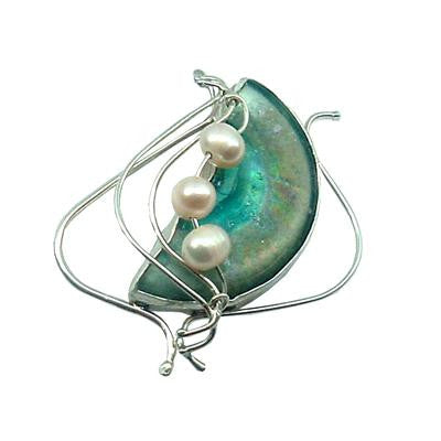 Handmade Roman Glass Brooches and Pins - Sterling Silver Roman Glass Pearly Strings Brooch