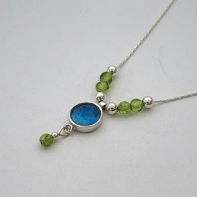 Handmade Roman Glass Pendants - Sterling Silver Round Ancient Roman Glass Pendant with Peridot