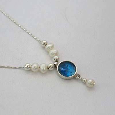 Handmade Roman Glass Pendants - Sterling Silver Round Ancient Roman Glass Pendant with Pearls and Silver Beads