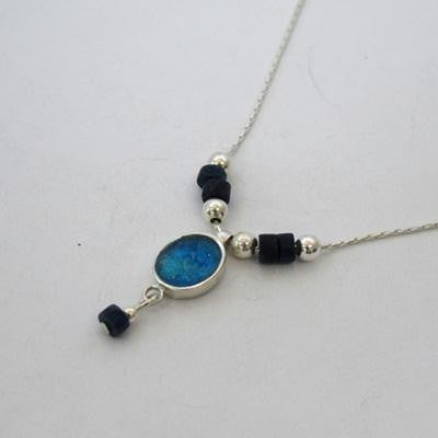 Handmade Roman Glass Pendants - Sterling Silver Oval Ancient Roman Glass Pendant with Demorterite