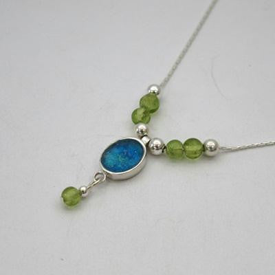 Handmade Roman Glass Pendants - Sterling Silver Oval Ancient Roman Glass Pendant with Peridot