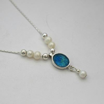 Handmade Roman Glass Pendants - Sterling Silver Oval Ancient Roman Glass Pendant with Pearls and Silver Beads