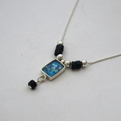 Handmade Roman Glass Pendants - Sterling Silver Rectangle Ancient Roman Glass Pendant with Demorterite