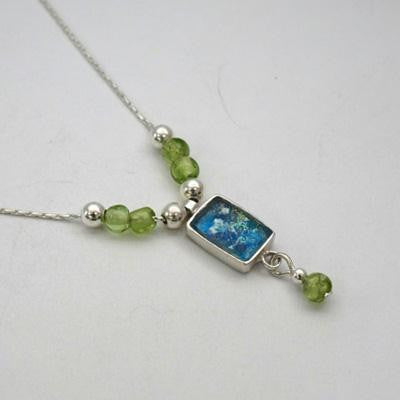 Handmade Roman Glass Pendants - Sterling Silver Rectangle Ancient Roman Glass Pendant with Peridot