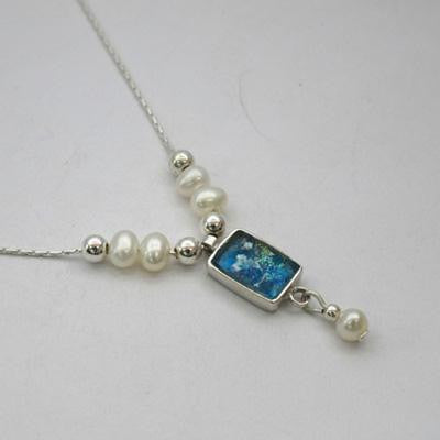 Handmade Roman Glass Pendants - Sterling Silver Rectangle Ancient Roman Glass Pendant with Pearls and Silver Beads