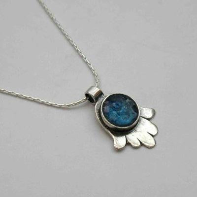 Handmade Roman Glass Pendants - Sterling Silver Anciet Roman Glass Hamsa Pendant