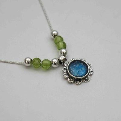 Handmade Roman Glass Pendants - Sterling Silver Ancient Roman Glass Folral Pendant with Peridot