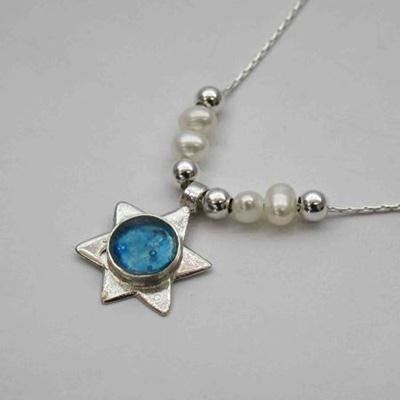 Handmade Roman Glass Pendants - Sterling Silver Ancient Roman Glass Star of David Pendant with Pearls