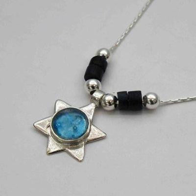 Handmade Roman Glass Pendants - Sterling Silver Ancient Roman Glass Star of David Pendant with Demorterite