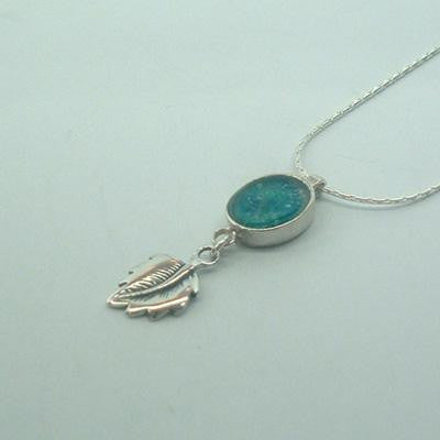 Handmade Roman Glass Pendants - Sterling Silver Ancient Roman Glass Oval Pendant with Leaf