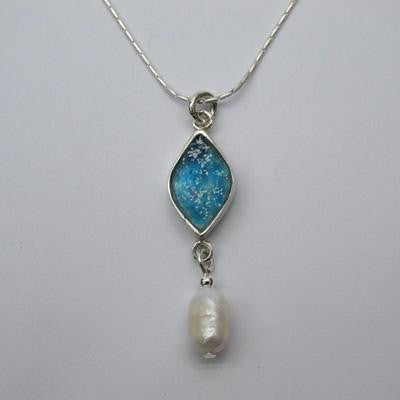Handmade Roman Glass Pendants - Sterling Silver Ancient Roman Glass Diamond Pendant with Pearl