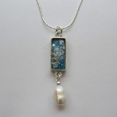 Anniversary Cards - Sterling Silver Ancient Roman Glass Modern Rectangle Pendant with Dangling Pearl