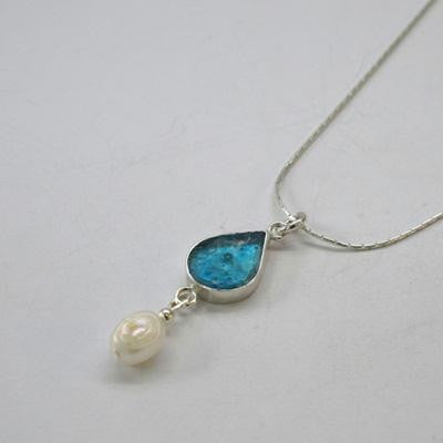 Handmade Roman Glass Pendants - Sterling Silver Ancient Roman Glass Raindrop Pendant with Pearl