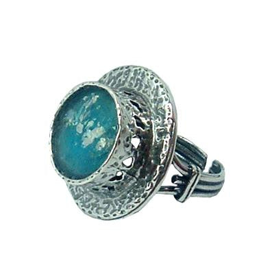 Handmade Roman Glass Rings - Sterling Silver Roman Glass Hammer Style Round Shaped Ring