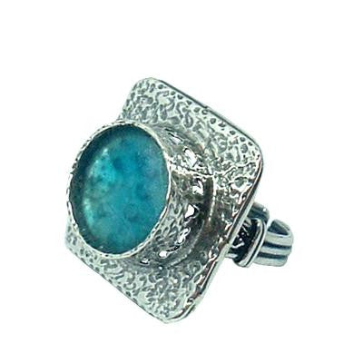 Handmade Roman Glass Rings - Sterling Silver Roman Glass Hammer Style Square Shaped Ring