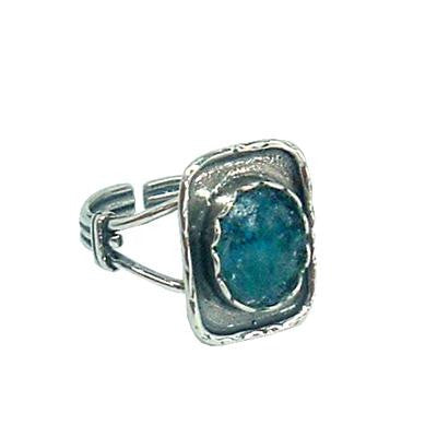 Handmade Roman Glass Rings - Elevated Center Sterling Silver Rectangle Ancient Roman Glass Ring