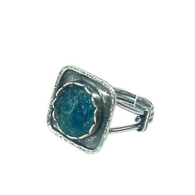 Handmade Roman Glass Rings - Elevated Center Sterling Silver Square Ancient Roman Glass Ring