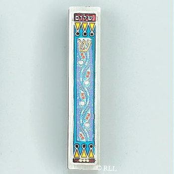 Metal Mezuzahs - Enameled Jeweled Mezuzah with Pearls