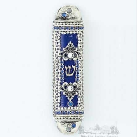 Metal Mezuzahs - Blue and Silver Rhinestone enameled Mezuzah