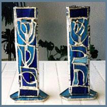 Stained Glass Candlesticks - Glass Candlesticks -Shabbat Shalom