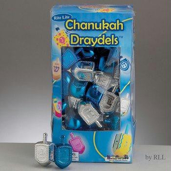 Aluminum,Wooden,Plastic and Toy Dreidels - Metallic Blue &amp; Silver Plastic Draydels in Counter Display