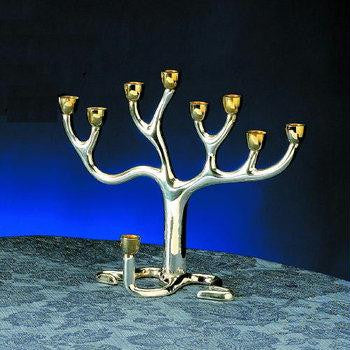 Metal Menorahs - Tree of Life Menorah - Silver Plated with Gold-tone Cups