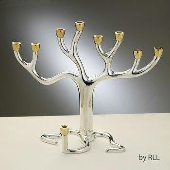 Metal Menorahs - Tree of Life Menorah - Silver-plate with Gold-tone Cups