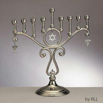 Metal Menorahs - Silvertone Charms Menorah