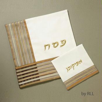 Silk Painted &amp; Embriodered Handmade Matzah Covers - Silk Matzah Cover &amp; Afikoman Bag Set - Gold