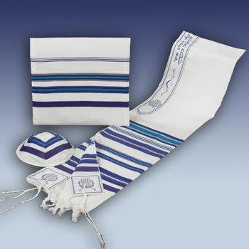Bar Mitzvah Tallits - Blue Bnei Ohr Wool Talit, Kipa &amp; Bag 18*72 Inches (Bar Mitzvah Boy)
