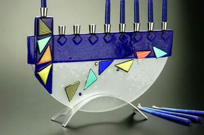 Handmade Glass Menorahs - Mosaic Blue Menorah