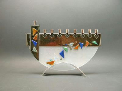 Handmade Glass Menorahs - Mosaic Iridized Gold Menorah