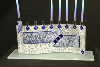 Handmade Glass Menorahs - Vortex Cobalt Menorah