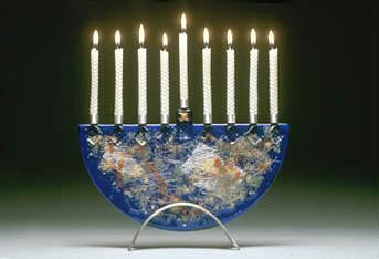 Handmade Glass Menorahs - Blue Collage Menorah