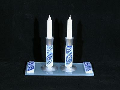Candlestick Sets with Drip Plate - Vortex Blue candlesticks with drip plate