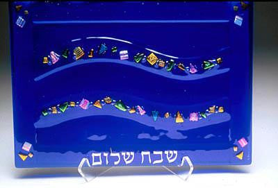 Glass Challah Boards - Blue Dichroic Shabbat Platter