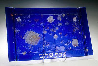Glass Challah Boards - Blue Collage Shabbat Platter