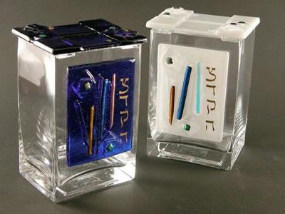 Glass Tzedakah Boxes - Glass White Tzedakah Box Blue (TAB)