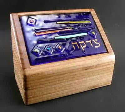 Glass Tzedakah Boxes - Blue Streamer Bamboo Tzedakah Box
