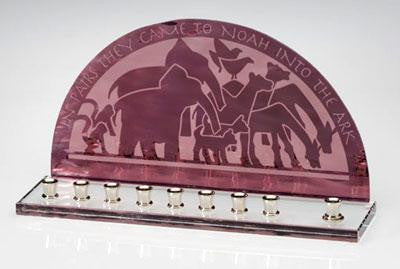 Handmade Glass Menorahs - Animals of the Ark Menorah Burgundy-Mauve Mirror