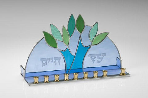 Handmade Glass Menorahs - Tree of Life Menorah II - stained designed glass